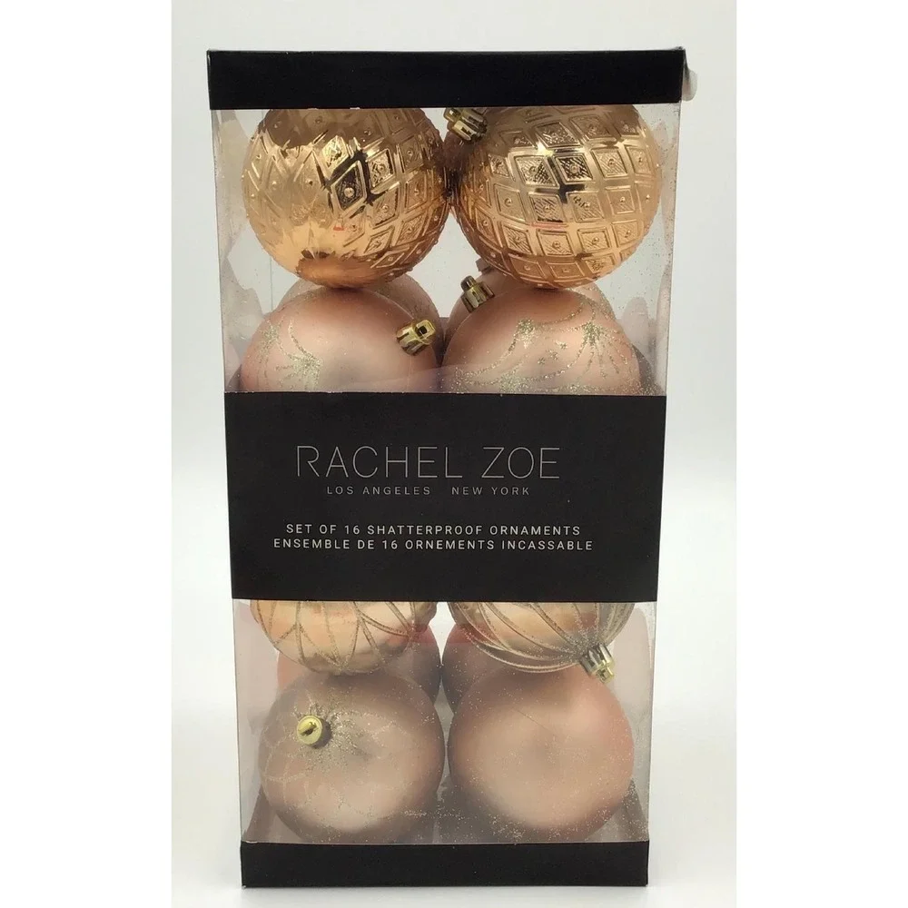 NIB Rachel Zoe 16ct Shatterproof Christmas Ornaments Rose Gold Pink Glitter New